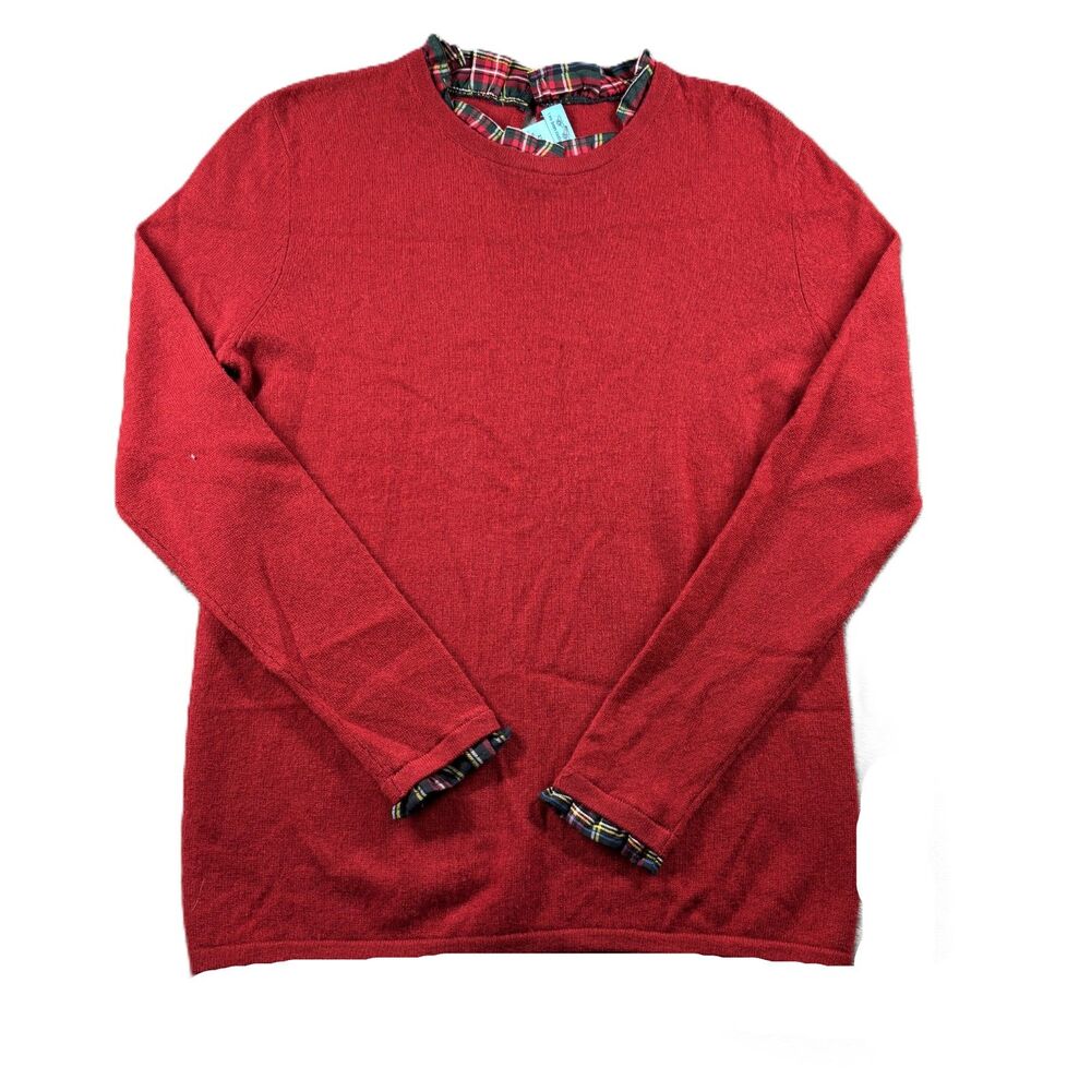 Two Bees Cashmere Women Sweater Tartan Plaid Trim Crewneck Preppy Red XL I138